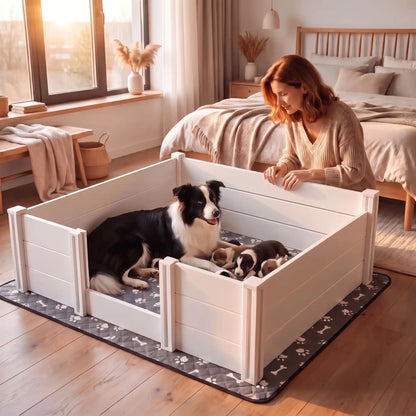 Caisse-de-mise-bas-chien 122x122 cm en PVC imperméable et robuste, entretien facile de couleur blanc et son entrée de 3 hauteur 15/30/46 cm, montage facile rapide sans outil avec son tapis absorbant de 136x136 gris avec motif os et pattes de chien blanches-une chienne de race moyenne avec entrée ajustée pour un accès facile pour elle et sécurisante pour les chiots qui allaite sur le tapis absorbant doux dans la caisse en PVC avec sa maitresse qui vient les voir dans la chambre de l'appartement