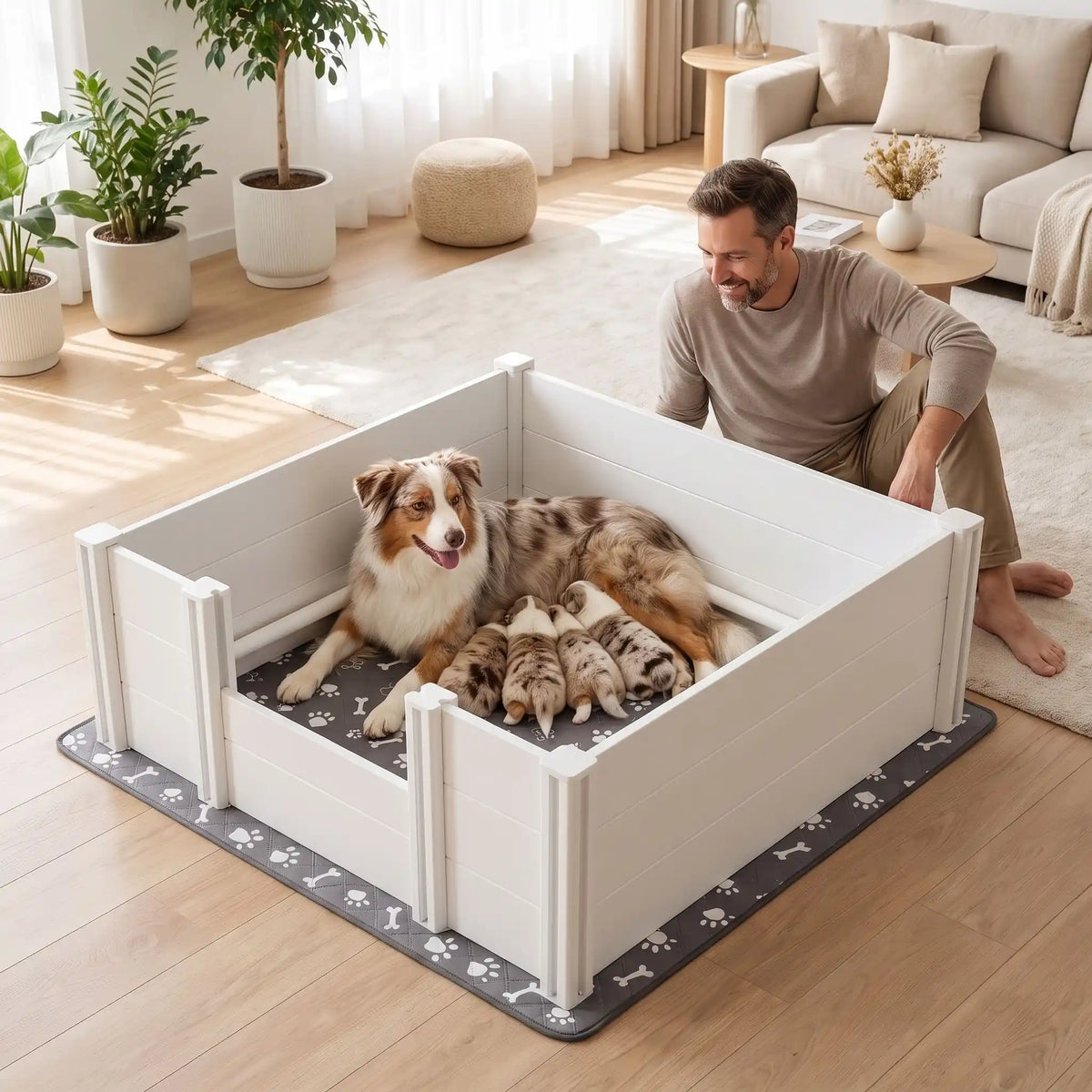 Caisse-de-mise-bas-chien 122x122 cm en PVC imperméable et robuste, entretien facile de couleur blanc et son entrée de 3 hauteur 15/30/46 cm, montage facile rapide sans outil avec son tapis absorbant de 136x136 gris avec motif os et pattes de chien blanches-un chien de race moyenne avec entrée ajustée pour un accès facile pour elle et sécurisante pour les chiots qui allaite sur le tapis absorbant doux  dans la caisse de mise bas PVC avec son maitre qui les regarde avec amour dans le salon de la maison