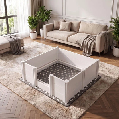 Caisse-de-mise-bas-chien 122x122 cm en PVC imperméable et robuste, entretien facile de couleur blanc et son entrée de 3 hauteur 15/30/46 cm, montage facile rapide sans outil avec son tapis absorbant  réutilisable de 136x136 gris avec motif os et pattes de chien blanches-gros plan sur la caisse de mise à bas avec son entrée ajustée à a premier hauteur pour un accès facile pour la chienne et ses chiots et son tapis absorbant doux lavable en machine dans le salon de l'appartement