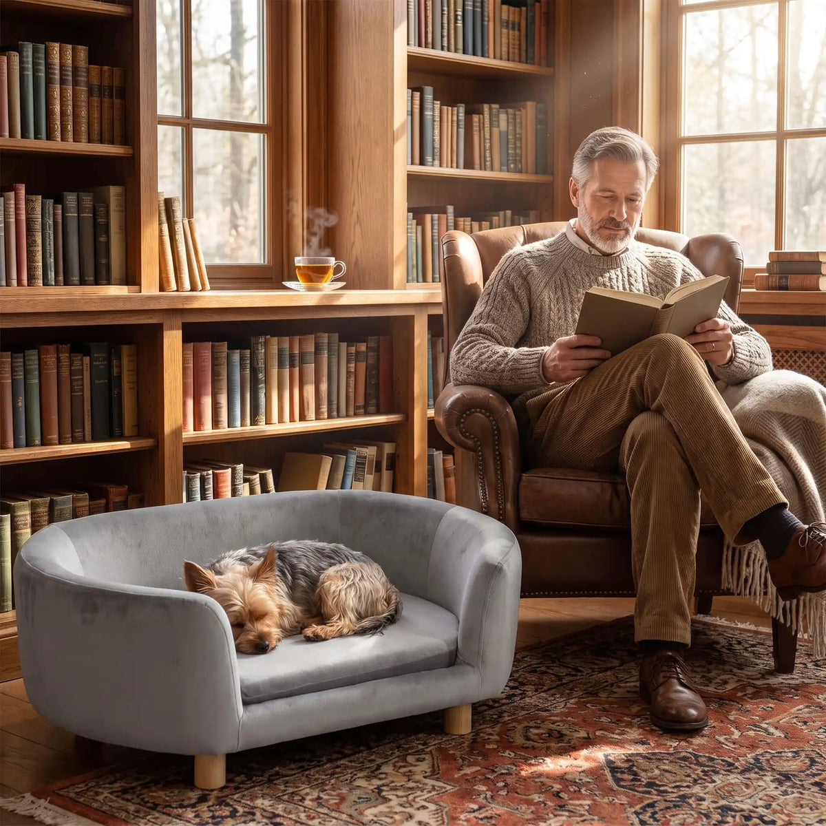 Canapé gris pour chiot et chien, structure en bois de bouleau , dossier haut et entourant à 360° au design moderne et arrondi avec son coussin en éponge 100% coton haute densité et ergonomique déhoussable et lavable en machine, housse en velours douce et résistante, sur pied en bois massif pour chien de petite taille- un chien de petite race qui dort couché confortablement sur le canapé ergonomique au design moderne de couleur gris à côté de son maitre qui lit dans son fauteuil dans une bibliothèque cosy