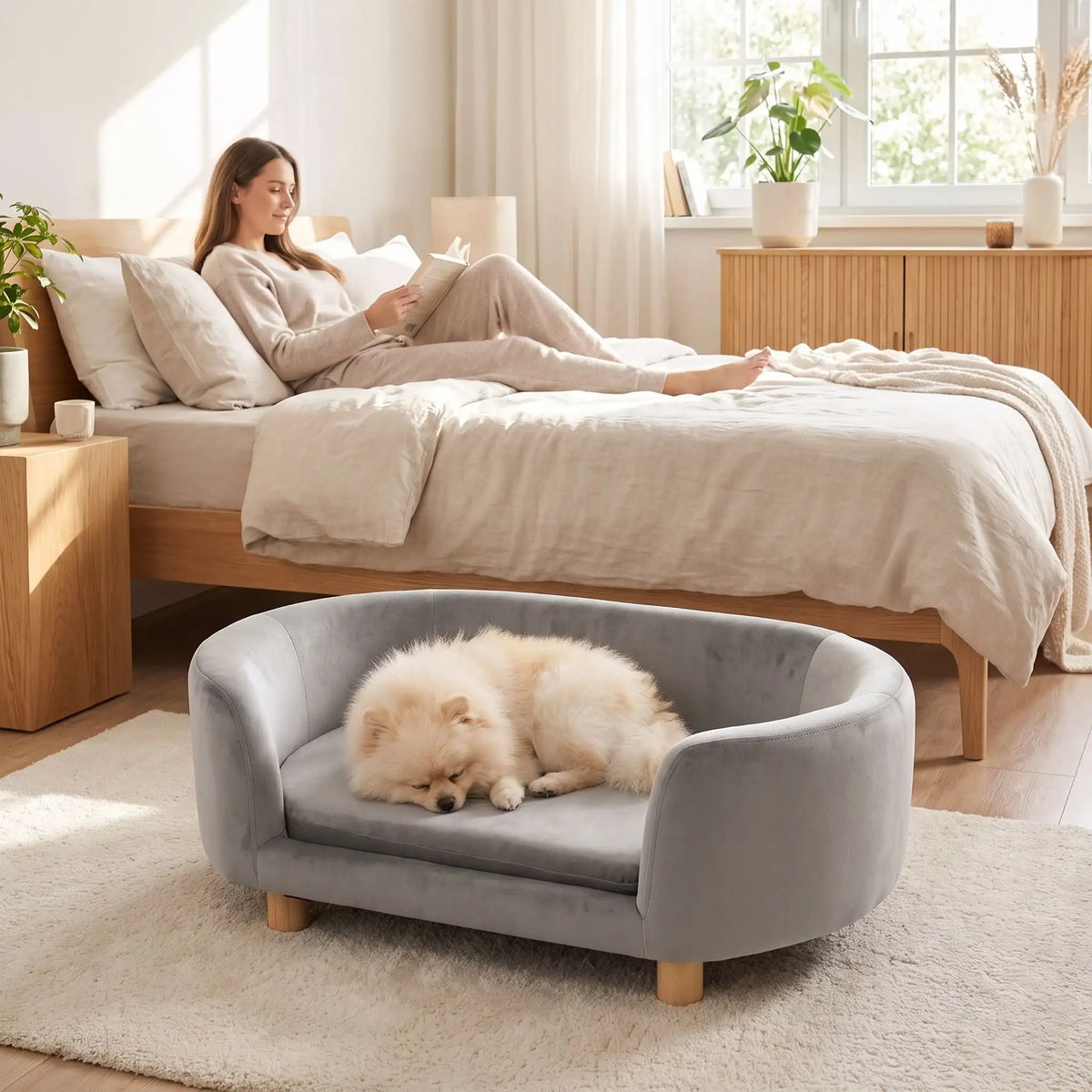 Canapé gris pour chiot et chien, structure en bois de bouleau , dossier haut et entourant à 360° au design moderne et arrondi avec son coussin en éponge 100% coton haute densité et ergonomique déhoussable et lavable en machine, housse en velours douce et résistante, sur pied en bois massif pour chien de petite taille- un chien de race miniature qui dort couché confortablement en boule sur le canapé ergonomique avec dossier et acoudoir entourant au pied du lit de sa maitresse dans la chambre de l'appartement