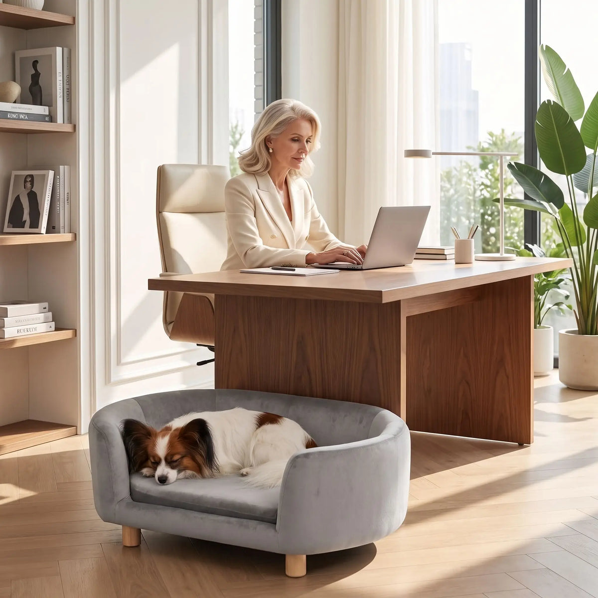 Canapé gris pour chiot et chien, structure en bois de bouleau , dossier haut et entourant à 360° au design moderne et arrondi avec son coussin en éponge 100% coton haute densité et ergonomique déhoussable et lavable en machine, housse en velours douce et résistante, sur pied en bois massif pour chien de petite taille- un chien de race toy qui dort paisiblement sur le canapé ergonomique au design moderne de couleur gris au pied du bureau de sa maitresse qui travaille sur l'ordinateur