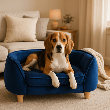 Canapé-chien-chiot-un beagle couché confortablement sur son petit canapé bleu avec coussin ergonomique 100% coton haute densité à mémoire de forme déhoussable et lavable en machine dans le salon de la maison