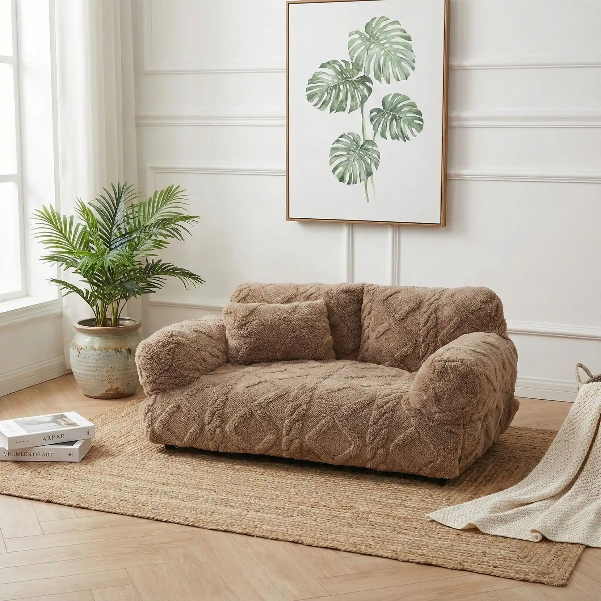 Canape-chien-déhoussable-avec-accoudoirs et oreiller-rembourrage 100% coton haute densité lavable en machine-design laine tricot, antidérapant et imperméable pour chien de petite à moyenne taille-chaud et anti affaissement-de couleur marron et design bohême chic façon tricot