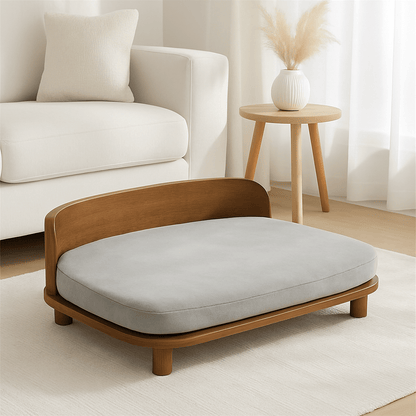 Canapé-chien-imperméable-structure en bois naturel robuste-sur pied antidérapant-coussin amovible déhoussable lavable en machine rembourrage 100% coton haute densité -épais et confortable-design vintage pour petit à chien de moyenne taille-écoresponsable-garanti 100% naturel et éco-friendly-coussin d'assise de couleur gris-structure de bois de hêtre et de frêle massif marron foncé-design arrondi vintage
