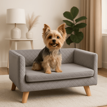 Canapé-chien-avec-coussin amovible épais et rembourré de mousse 100% coton haute densité déhoussable et lavable en machine-structure en bois avec pieds en bois de bouleau massif solide et robuste-anti affaissement-au design scandinave et moderne pour chien de petite taille jusqu'à 7 kg max-un chien de race toy assis confortablement sur son canapé gris surélevé sur pied dans le salon moderne de l'appartement
