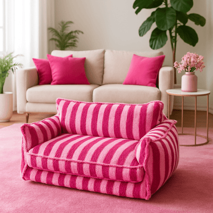 Canapé-chien-sofa-rose pour chiens de toutes tailles déhoussable et lavable avec matelas orthopédique et coussins rembourrage 100% coton haute densité -fauteuil antidérapant pour chien et chiot du M au XXL