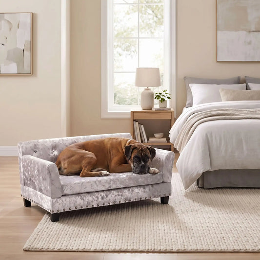 Canapé pour chien xl de 96 cm-matelas orthopédique à mémoire de forme en coton PP épais déhoussable, 100% imperméable et résistant aux griffes en velours doux sur 4 pieds en bois et structure robuste en bois d'eucalyptus robuste avec une capacité de charge de 80 kg pour chien de toute races jusqu'à 35kg de couleur gris- un gros chien couché confortablement sur le canapé design en bois avec accoudoir et matelassé avec matelas amovible orthopédique déhoussable et lavable dans la chambre de l'appartement