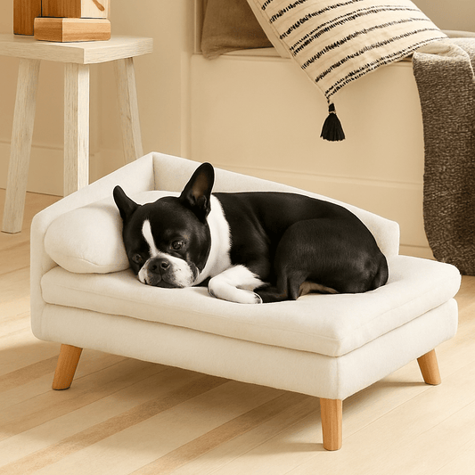 Canape-lit-chien-bois-naturel-un boston terrier qui dort niché contre les rebords surélevés en L du petit canapé lit blanc avec oreiller et matelas 100% coton PP déhoussable et lavableen machine