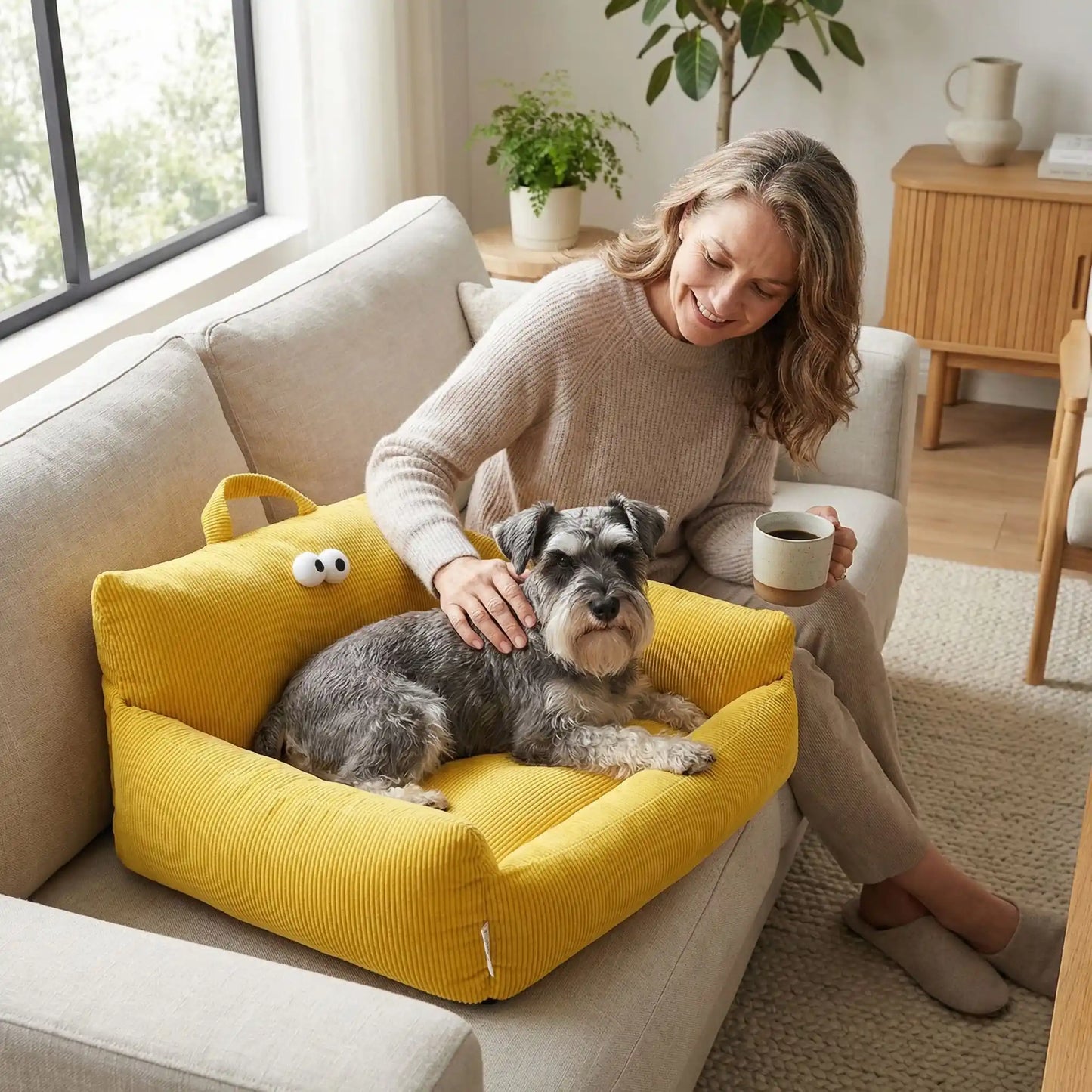 Canape-lit-chien-apaisant, mini fauteuil en lin et rtembourrage épais 100% coton haute densité, avec accoudoir et dossier ergonomique, lavable en machine, antidérapant et fond imperméable anti-moissisure, housse 100% lin résistant aux griffes et respirant pour un couchage 4 saisons pour chiot et chien de petite taille de 0 à 10 kilos max-un schnauzer nain couché confortablement dans le petit canapé de couleur jaune sur le canapé à côté de sa maitresse assise qui le caresse en buvant son café dans le salon