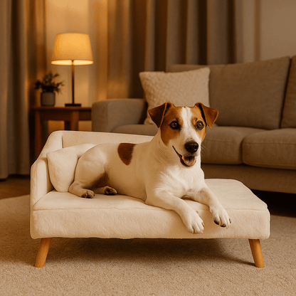 Canapé-lit-chien-pour chien de petite à moyenne taille imperméable et déhoussable-un petit chien couché sur son mini canapé en coton et bois-housse en peluche douce au design scandinave-avec oreiller épais dans le salon de la maison