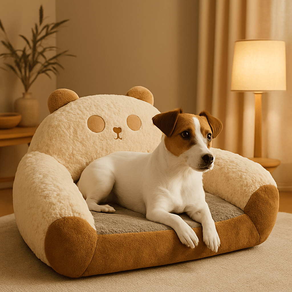 Canapé-lit-pour-chien-coton-antidérapant-lavable pour chien de petite taille et chiot-un petit chien sur son mini canapé design panda 