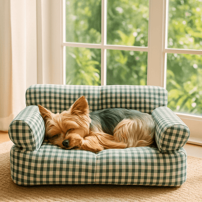 Canapé-petit-chien-carreaux-vichy-vert-et-blanc-100% coton haute densité-entièrement déhoussable et lavable en machine-antidérapant-couchage 4 saisons-respirant en été en tissu coton-chaud en été avec 2 accoudoirs cylindrique et dossier rembourrés pour chiot et chien de petite taille de 0 à 10 kg-un Yorkshire qui dort paisiblement niché sur son canapé douillet et moelleux dans le salon de la maison