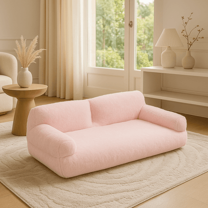 Canapé-pour-chien-déhoussable-lavable en machine-en velours et en rembourrage 100% coton haute densité ergonomique avec dossier et deux accoudoirs cylindriques épais et moelleux-chaud, antidérapant pour chien de petite à moyenne taille de 0 à 20 kg-couleur rose