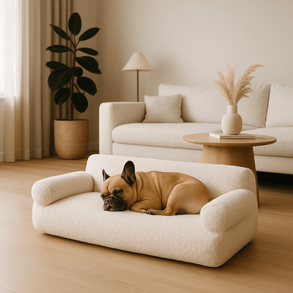 Canapé-pour-chien-déhoussable-lavable en machine-en velours et en rembourrage 100% coton haute densité ergonomique avec dossier et deux accoudoirs cylindriques épais et moelleux-chaud, antidérapant pour chien de petite à moyenne taille de 0 à 20 kg-un Bouledogue français couché confortablement sur le canapé douillet de couleur crème dans le salon de la maison