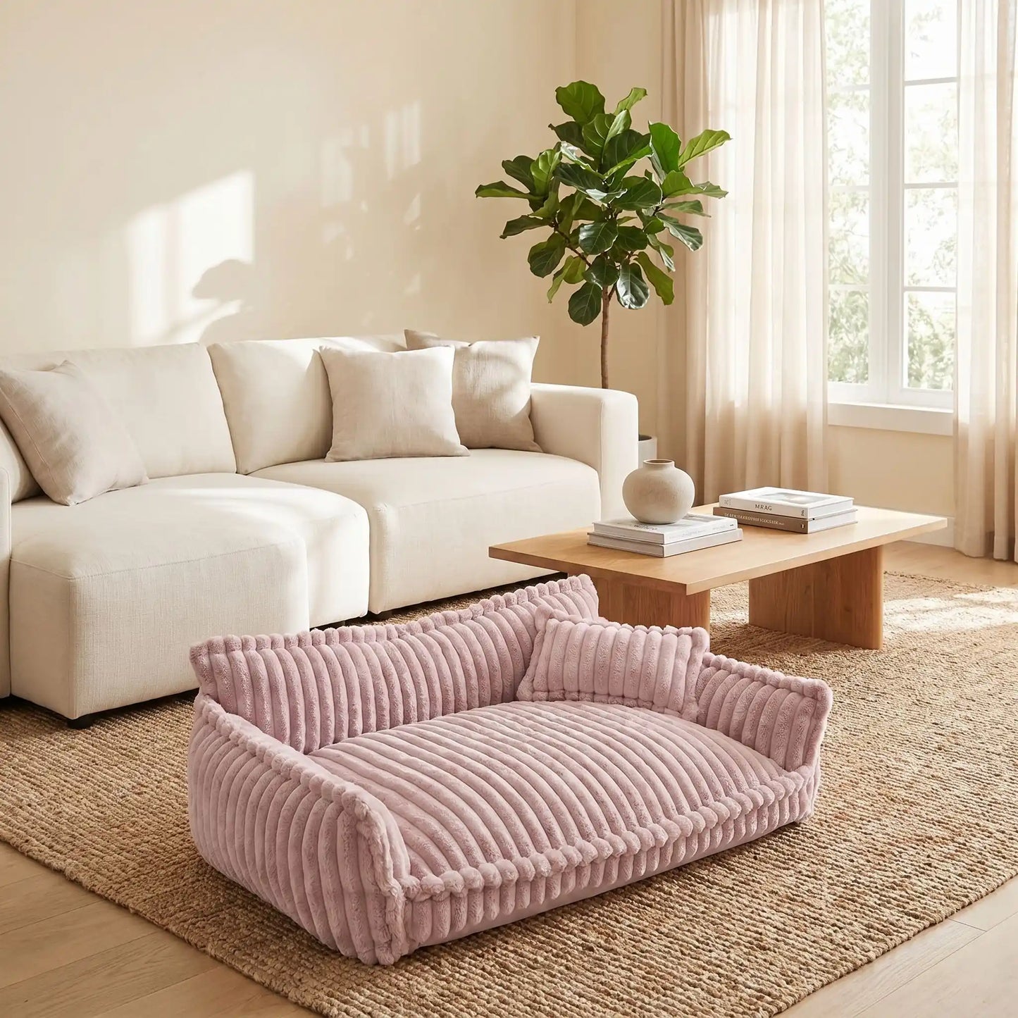 Canapé-pour-chien-chiot-déhoussable, lavable en machine, housse en velours douce comme un lit en peluche, avec accoudoirs et dossier entourant au rembourrage 100% coton PP avec un oreiller lavable en velours assorti pour chien de 0 à + de 45kg, antidérapant et fond imperméable-gros plan sur le  le grand canapé xxl de 120 cm de long en velours de couleur mauve dans le salon de la maison