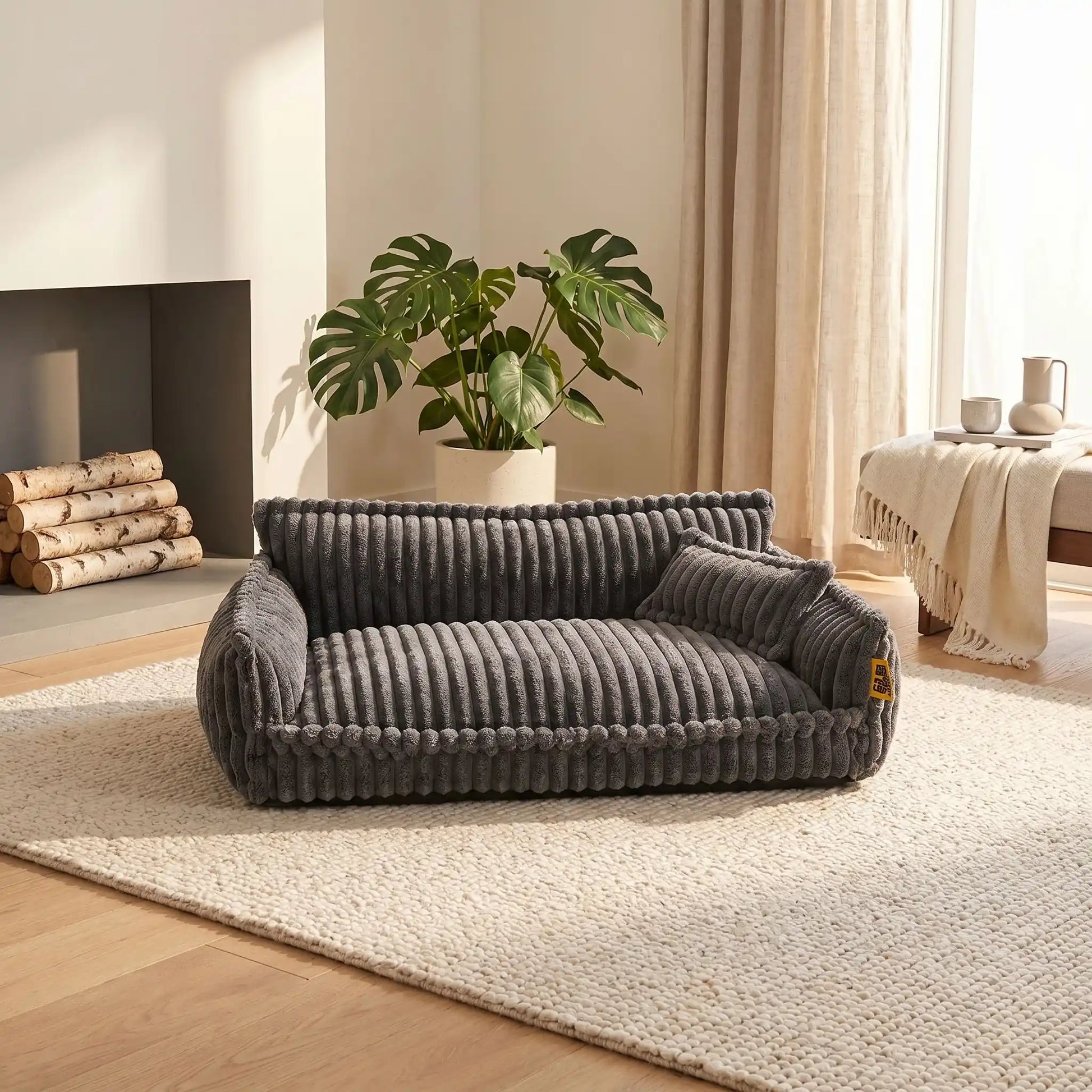 Canapé-pour-chien-chiot-déhoussable, lavable en machine, housse en velours douce comme un lit en peluche, avec accoudoirs et dossier entourant au rembourrage 100% coton PP avec un oreiller lavable en velours assorti pour chien de 0 à + de 45kg, antidérapant et fond imperméable-gros plan sur le  le grand canapé xxl de 120 cm de long en velours de couleur noir dans le salon de la maison