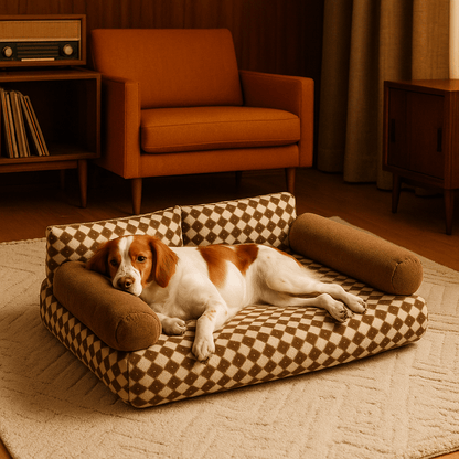 Canapé-pour-chien-douillet en velours-déhoussable et lavable en machine-antidérapant-avec dossier et accoudoirs cylindriques au rembourrage 100% Coton haute densité ergonomique, hypoallergénique au design rétro à carreaux pour petit à chien de moyenne taille de 0 à 20 kg-un chien qui dort paisiblement sur son canapé taille M en losange marron et beige dans le salon vintage de la maison