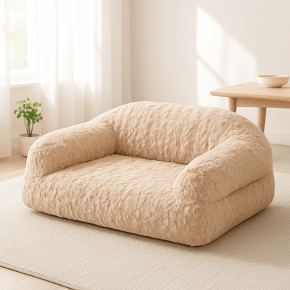Canapé-pour-chien-douillet-déhoussable-antidérapant-lavable-en-machine-en fausse fourrure imitation lapin-ultra-doux-résistant-rembourrage 100% coton haute densité ergonomique pour chiot ou petit à chien de moyenne taille-avec accoudoir et haut dossier-couchage apaisant chaud et hypoallergénique, respectueux des peaux sensibles et de son pelage-couleur beige