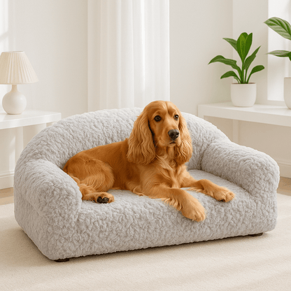 Canapé-pour-chien-douillet-déhoussable-antidérapant-lavable-en-machine-en fausse fourrure imitation lapin-ultra-doux-résistant-rembourrage 100% coton haute densité ergonomique pour chiot ou petit à chien de moyenne taille-avec accoudoir et haut dossier-couchage apaisant chaud et hypoallergénique, respectueux des peaux sensibles et de son pelage-un chien moyen couché confortablement sur son canapé taille L-moelleux dans le salon de l'appartement 