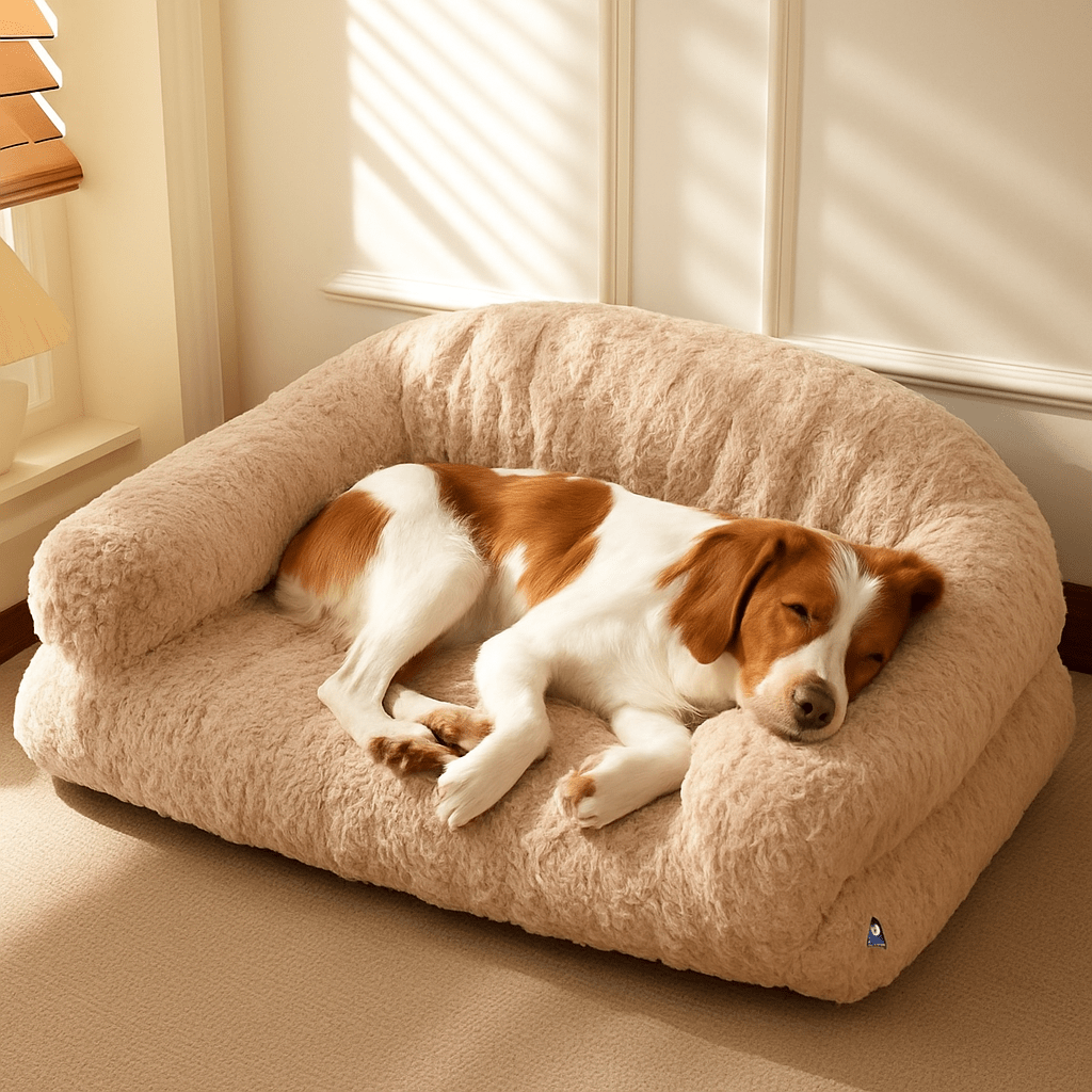 Canapé-pour-chien-douillet-déhoussable-antidérapant-lavable-en-machine-en fausse fourrure imitation lapin-ultra-doux-résistant-rembourrage 100% coton haute densité ergonomique pour chiot ou petit à chien de moyenne taille-avec accoudoir et haut dossier-couchage apaisant chaud et hypoallergénique, respectueux des peaux sensibles et de son pelage-un chien moyen qui dort paisiblement sa tête reposant sur l'accoudoir sur son canapé taille L-moelleux dans le salon de l'appartement 