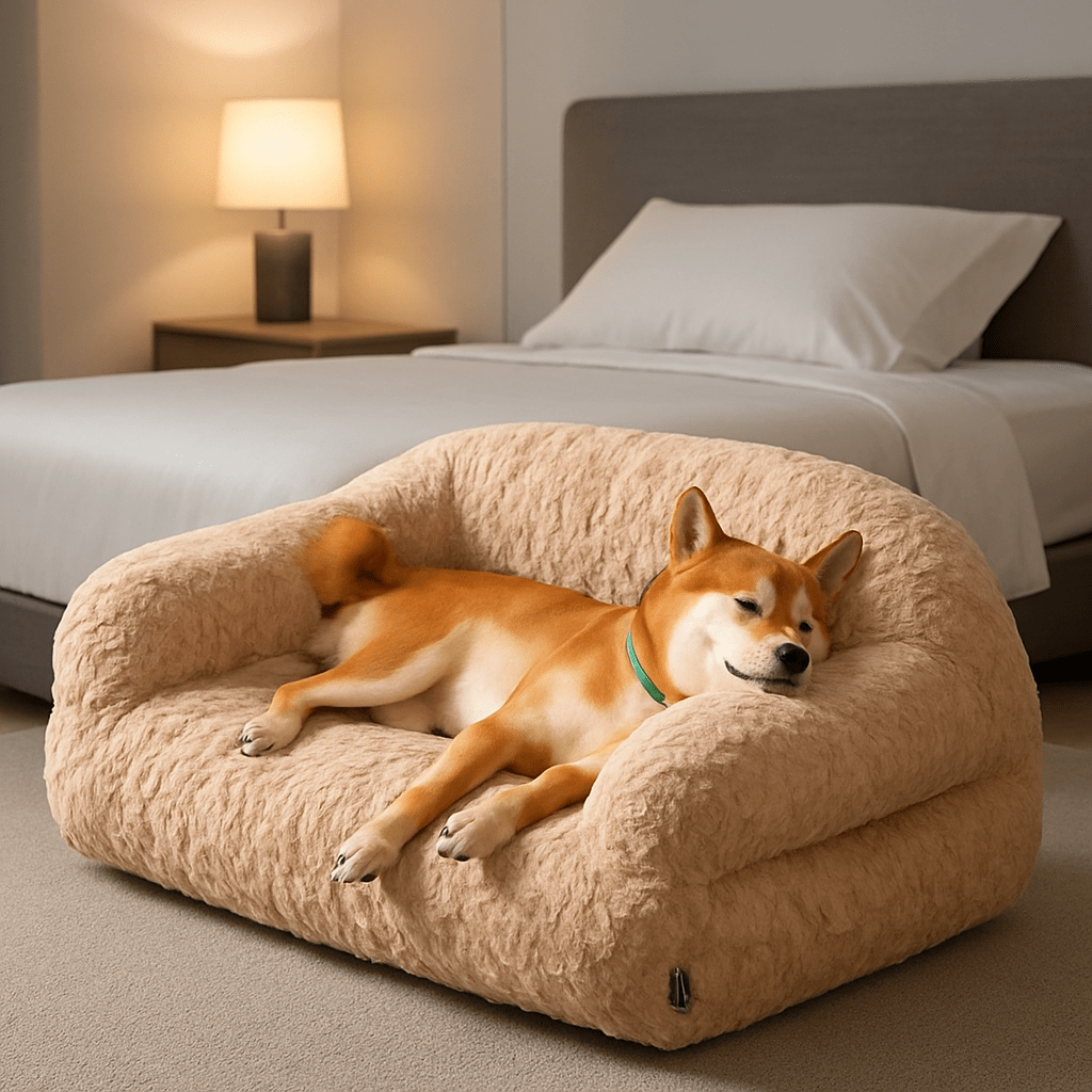 Canapé-pour-chien-douillet-déhoussable-antidérapant-lavable-en-machine-en fausse fourrure imitation lapin-ultra-doux-résistant-rembourrage 100% coton haute densité ergonomique pour chiot ou petit à chien de moyenne taille-avec accoudoir et haut dossier-couchage apaisant chaud et hypoallergénique, respectueux des peaux sensibles et de son pelage-un chien qui dort paisiblement sa tête reposant sur l'accoudoir sur son canapé taille L-moelleux dans la chambre de la maison