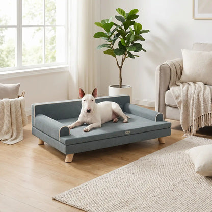 Canapé-pour-chien- chiot-sur-pied-anti rayure et antidérapant-banquette-100-cm avec coussin amovible déhoussable et lavable en machine, housse en velours imperméable avec dossier et accoudoir rembourré 100% coton haute densité, structure robuste et solide en bois massif, canapé lit syle scandinave design chic de couleur gris pour chiot et chien de petite à moyenne taille-un chien de race miniature de taille  moyenne confortablement couché sur le canapé chic et solide dans le salon moderne de l'appartement