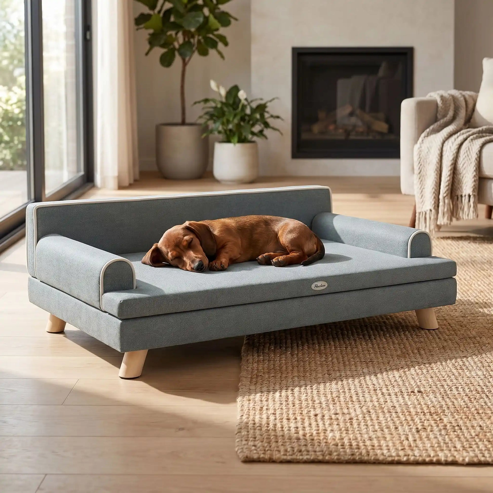 Canapé-pour-chien- chiot-sur-pied-anti rayure et antidérapant-banquette-100-cm avec coussin amovible déhoussable et lavable en machine, housse en velours imperméable avec dossier et accoudoir rembourré 100% coton haute densité, structure robuste et solide en bois massif, canapé lit syle scandinave design chic de couleur gris pour chiot et chien de petite à moyenne taille-un chien moyen qui dort paisiblement couché sur le canapé chic et solide dans le salon lifestyle de la maison