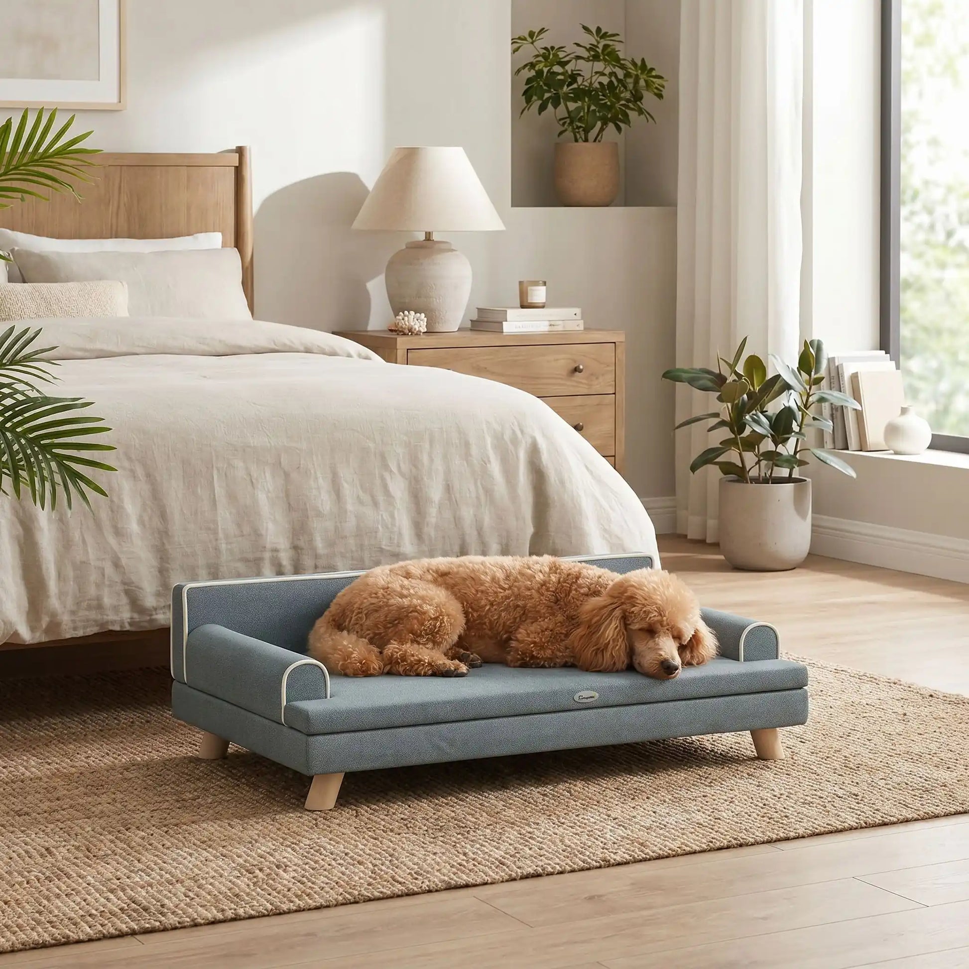 Canapé-pour-chien- chiot-sur-pied-anti rayure et antidérapant-banquette-100-cm avec coussin amovible déhoussable et lavable en machine, housse en velours imperméable avec dossier et accoudoir rembourré 100% coton haute densité, structure robuste et solide en bois massif, canapé lit syle scandinave design chic de couleur gris pour chiot et chien de petite à moyenne taille-un caniche moyen qui dort paisiblement couché sur le canapé chic et solide dans la chambre moderne et lifestyle de la maison