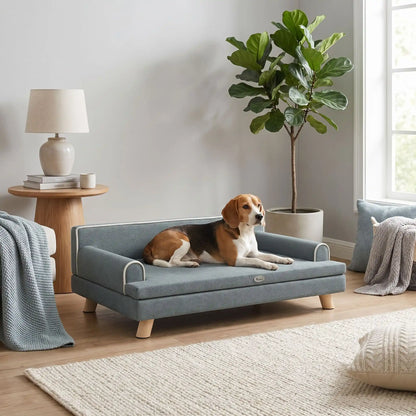 Canapé-pour-chien- chiot-sur-pied-anti rayure et antidérapant-banquette-100-cm avec coussin amovible déhoussable et lavable en machine, housse en velours imperméable avec dossier et accoudoir rembourré 100% coton haute densité, structure robuste et solide en bois massif, canapé lit syle scandinave design chic de couleur gris pour chiot et chien de petite à moyenne taille-un chien de race moyenne confortablement couché sur le canapé chic et solide dans le salon moderne lifestyle de l'appartement 