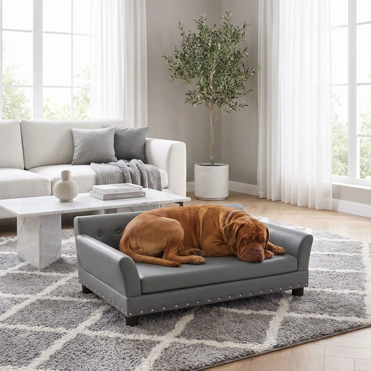 Canapé-pour-chien-xxl-120-cm-matelas orthopédique à mémoire de forme en coton PP épais déhoussable, 100% imperméable et résistant aux griffes en cuir PU sur 4 pieds en bois et structure robuste en bois d'eucalyptus robuste avec une capacité de charge de 100 kg pour chien de moyenne à grande taille de couleur gris foncé- un gros chien qui dort paisiblement sur le canapé design en bois avec accoudoir et matelassé avec matelas amovible orthopédique déhoussable et lavable dans le salon de la maison
