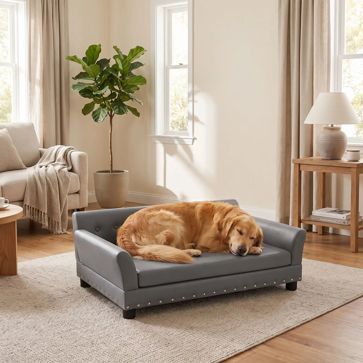 Canapé-pour-chien-xxl-120-cm-matelas orthopédique à mémoire de forme en coton PP épais déhoussable, 100% imperméable et résistant aux griffes en cuir PU sur 4 pieds en bois et structure robuste en bois d'eucalyptus robuste avec une capacité de charge de 100 kg pour chien de moyenne à grande taille de couleur gris foncé- un chien de grande taille qui dort couché confortablement sur le canapé design en bois avec accoudoir et matelassé avec matelas amovible orthopédique déhoussable et lavable dans le salon 
