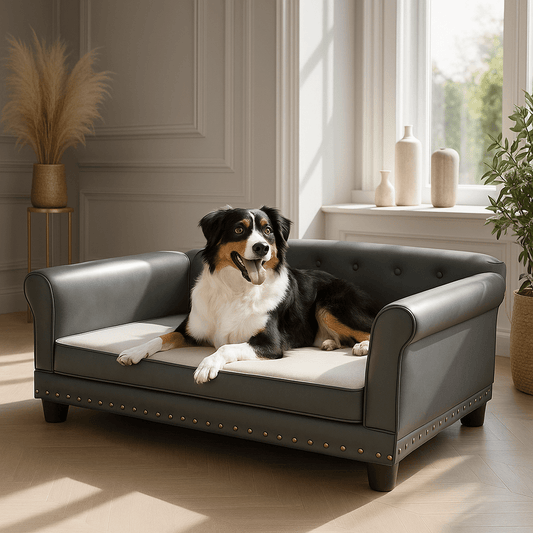 Canapé-pour-chien-xxl-déhoussable-matelas orthopédique à mémoire de forme haute résilience et élasticité-technologie anti affaissement pour grand chien-un chien de taille moyenne couché sur son grand canapé simili cuir imperméable et lavable capitonné avec détails clouté haut de gamme de couleur gris dans le salon de la maison