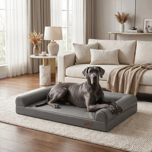 Canape-pour-chien-xxl-lit-orthopédique, matelas à mémoire de forme, 100% coton haute densité et haute résilience, accoudoir et dossier en U cylindriques, housse 100% imperméable et déhoussable, lavable, canapé lit pour grand chien de 130 cm de longueur pour grandes races de chiens jusqu'à 6 kilos maximum-un Dogue couché confortablement sur le canapé lit xxl anti-bactérien pour grand chien de couleur gris dans le salon lifestyle de la maison