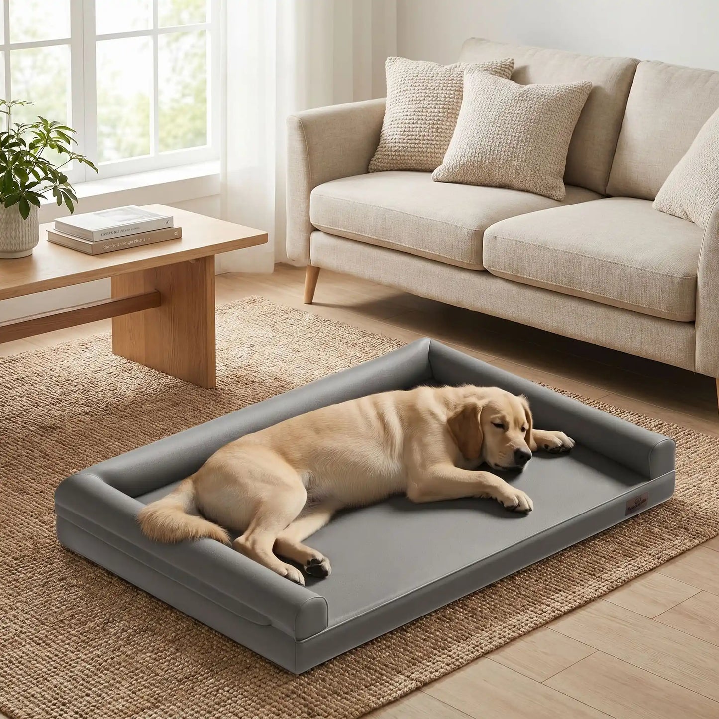 Canape-pour-chien-xxl-lit-orthopédique, matelas à mémoire de forme, 100% coton haute densité et haute résilience, accoudoir et dossier en U cylindriques, housse 100% imperméable et déhoussable, lavable, canapé lit pour grand chien de 130 cm de longueur pour grandes races de chiens jusqu'à 6 kilos maximum-un grand chien qui dort paisiblement couché confortablement sur le canapé lit xxl anti-bactérien pour grand chien de couleur gris dans le salon lifestyle de l'appartement