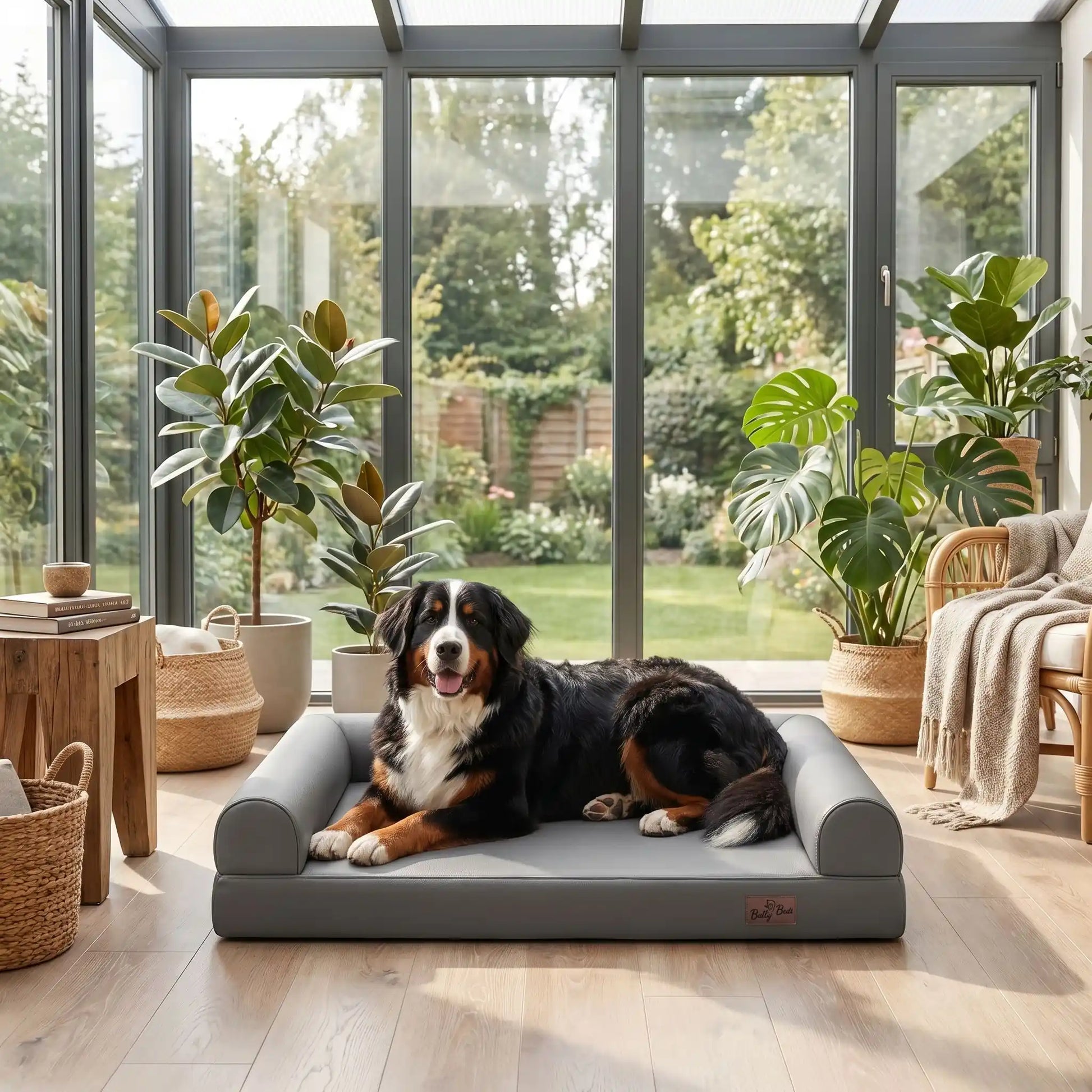 Canape-pour-chien-xxl-lit-orthopédique, matelas à mémoire de forme, 100% coton haute densité et haute résilience, accoudoir et dossier en U cylindriques, housse 100% imperméable et déhoussable, lavable, canapé lit pour grand chien de 130 cm de longueur pour grandes races de chiens jusqu'à 6 kilos maximum-un Bouvier Bernois couché confortablement sur le canapé lit xxl anti-bactérien pour grand chien de couleur gris dans la véranda lifestyle de la maison