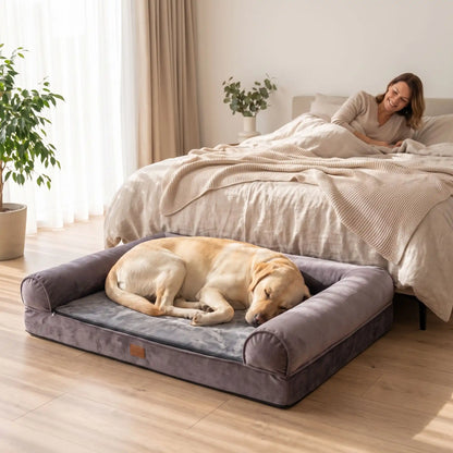 Canapé-pour-grand-chien-xxl matelas à mémoire de forme haute densité et élasticité, rebords surélevés cylindrique au rembourrage 100% Coton haute densité etourant et apaisant, coton et peluche douce, avec son tapis intérieur pour l'hiver en peluche amovible avec fermeture éclair et housse respirante, tissu oxford 100% imperméable et résistant, totalement déhoussable et lavable en machine, antidérapant-un chien de grande race qui dort paisiblement niché dans son canapé au pied du lit de sa maitresse 