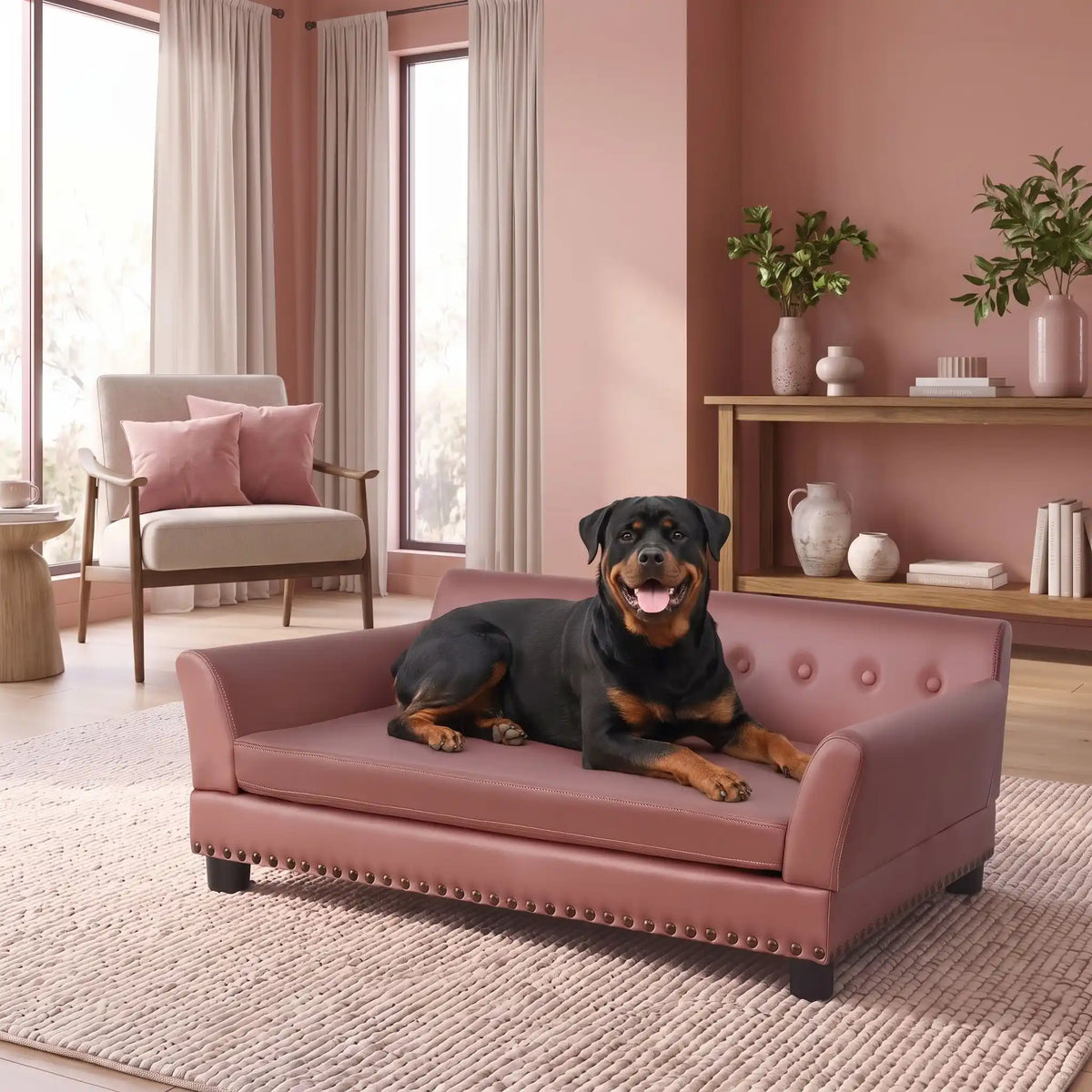 Canapé-pour-grand chien-xxl-120-cm-matelas orthopédique à mémoire de forme en coton PP épais déhoussable, 100% imperméable et résistant aux griffes en cuir PU sur 4 pieds en bois et structure robuste en bois d'eucalyptus robuste avec une capacité de charge de 100 kg pour chien de moyenne à grande taille de couleur marron- un gros chien couché confortablement sur le canapé design en bois avec accoudoir et matelassé avec matelas amovible orthopédique déhoussable et lavable dans le salon de l'appartement