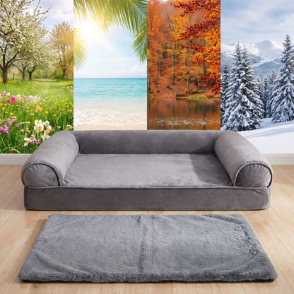 Canapé-pour-grand-chien-xxl matelas à mémoire de forme haute densité et élasticité, rebords surélevés cylindrique au rembourrage 100% Coton haute densité entourant et apaisant, coton et peluche douce, avec son tapis intérieur pour l'hiver en peluche amovible avec fermeture éclair et housse respirante en tissu oxford 100% imperméable et résistant, totalement déhoussable et lavable en machine, antidérapant-gros plan sur le canapé gris xxl avec son tapis intérieur chaud retiré pour un canapé respirant en été
