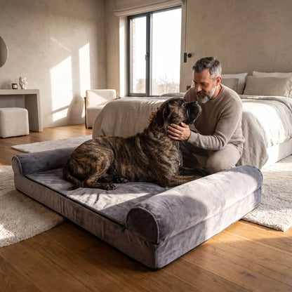 Canapé-pour-grand-chien-xxl matelas à mémoire de forme haute densité et élasticité, rebords surélevés cylindrique au rembourrage 100% Coton haute densité etourant et apaisant, coton et peluche douce, avec son tapis intérieur pour l'hiver en peluche amovible avec fermeture éclair et housse respirante, tissu oxford 100% imperméable et résistant, totalement déhoussable et lavable en machine, antidérapant-un grand et gros chien couché confortablement dans son canapé lit avec rebord, caresser par son maitre