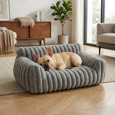 Canapé-pour-petit-chien-chiot-déhoussable-moelleux au rembourrage 100% coton haute densité, déhoussable et lavable en machine à laver, fond antidérapant et imperméable, housse en velours douce et résistante aux griffes pour chiot et chien de 0 à 7 kilos-un chiot bouledogue français niché  confortablement dans son petit canapé lit de couleur gris  moelleux et douillet dans le salon de l'appartement