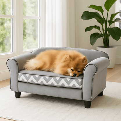 Canapé-pour-petit-chien-mini-bois-massif et velours avec coussin épais en éponge haute densité, déhoussable et lavable en machine-un chien de race naine qui dort paisiblement sur le mini canapé design gris graphique