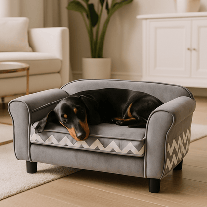 Canapé-pour-petit-chien-mini-velours-un chien nain qui dort couché confortablement en boule sur le petit fauteuil gris déhoussable et lavable en machine en velours doux et bois massif avec pieds antidérapant dans le salon de l'appartement