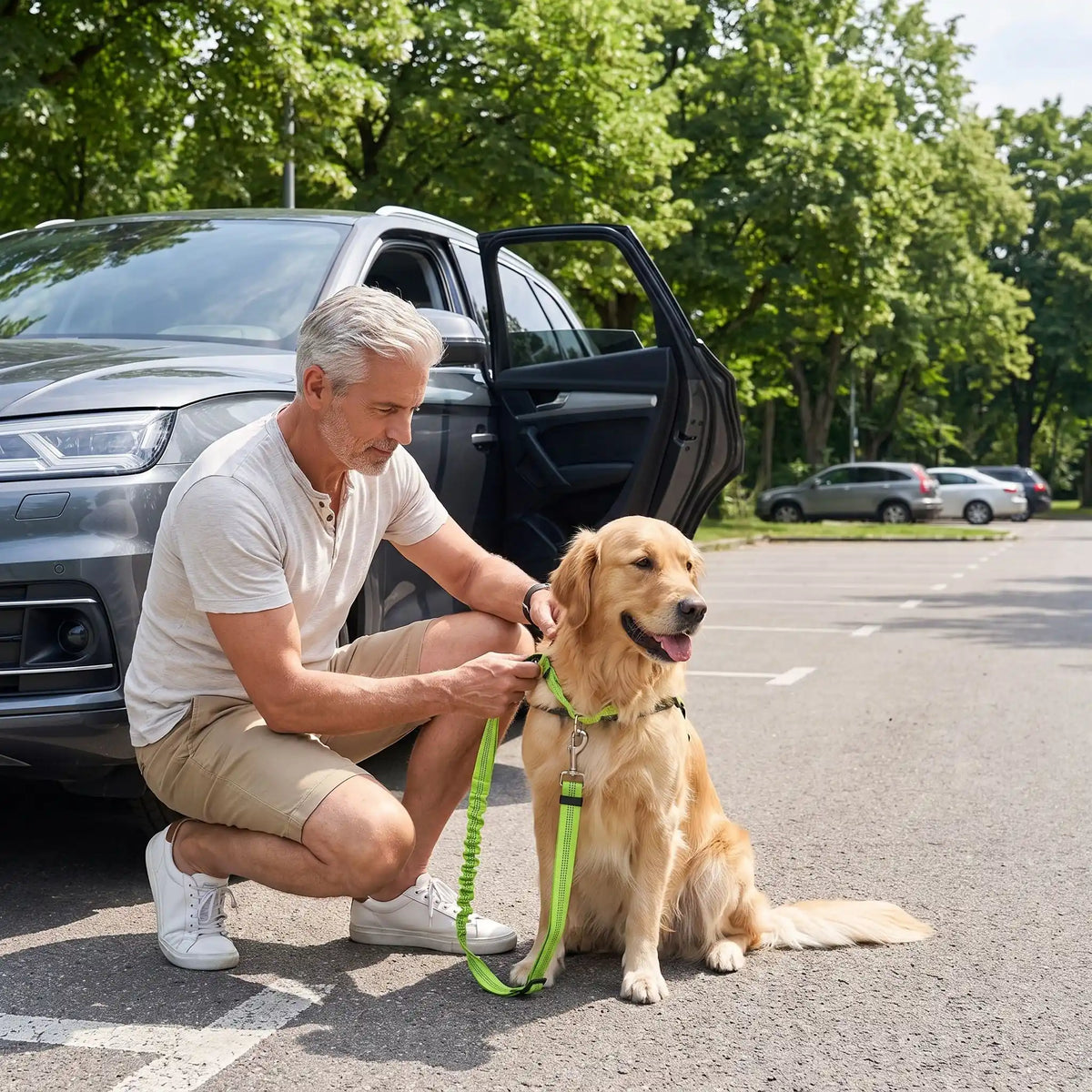 Ceinture-de-sécurite-pour-chien-2-en-1-laisse-voiture extensible, sangle robuste en nylon et clips  facile pour l'accrocher au appuie-tête des sièges, réglable et adaptable à tous véhicule-un maitre qui sort de la voiture sur le parking et utilise la ceinture de sécurité comme laisse avec sa sangle comme poignée confortable et le nylon rosbute pour faire une balade avec son chien dans le parc, une ceinture et laisse 2 en un pratique