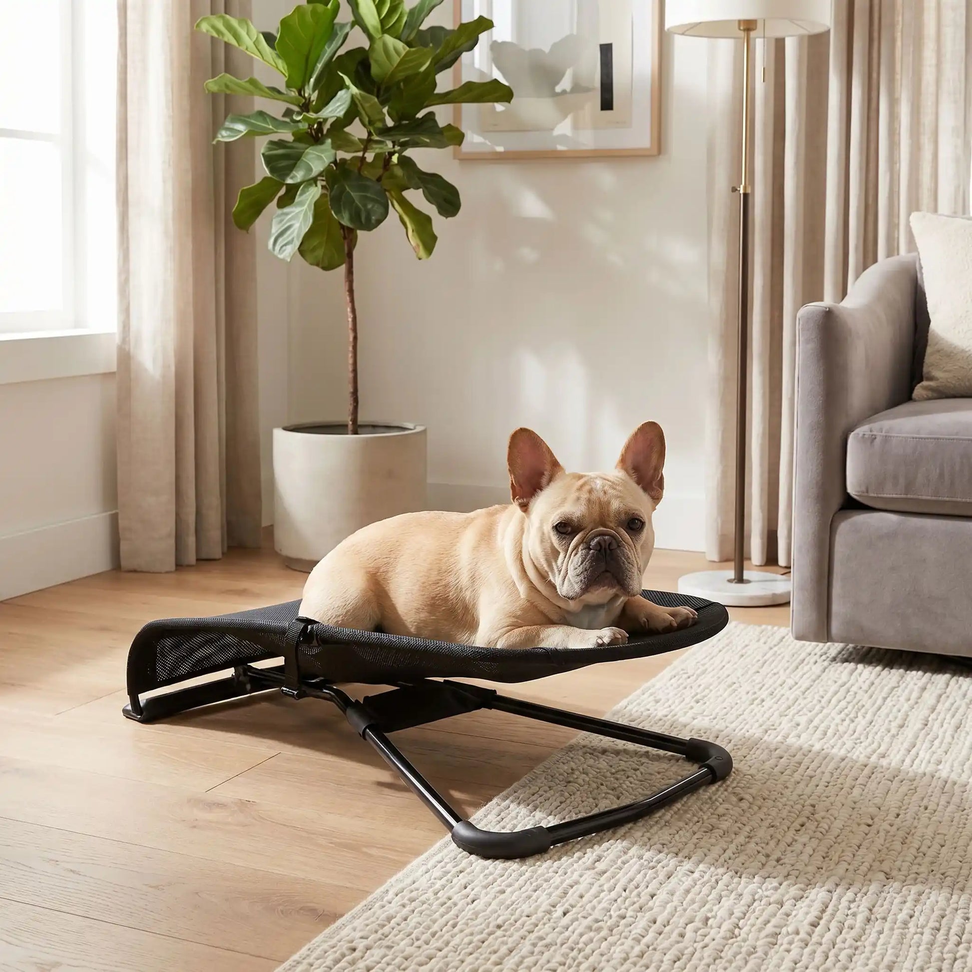 Chaise-a-bascule-pour-chien-anti-anxiété et anti-stress, pour petit  chien de 0 à 14 kilos max, structure en acier solide, housse en polyester respirant et lavable en machine, hamac avec harnais de sécurité et sangle à clips robuste, 3 poisitions de réglages pour bercer et apaiser le chiot ou le chien ou en mode lit-pliable, compact et léger qui apaise les chiot et chien anxieux ou trop energique-un chien moyen couché confortablement sur sa chaise à bascule ergonomique sur le réglage mode lit surélevé