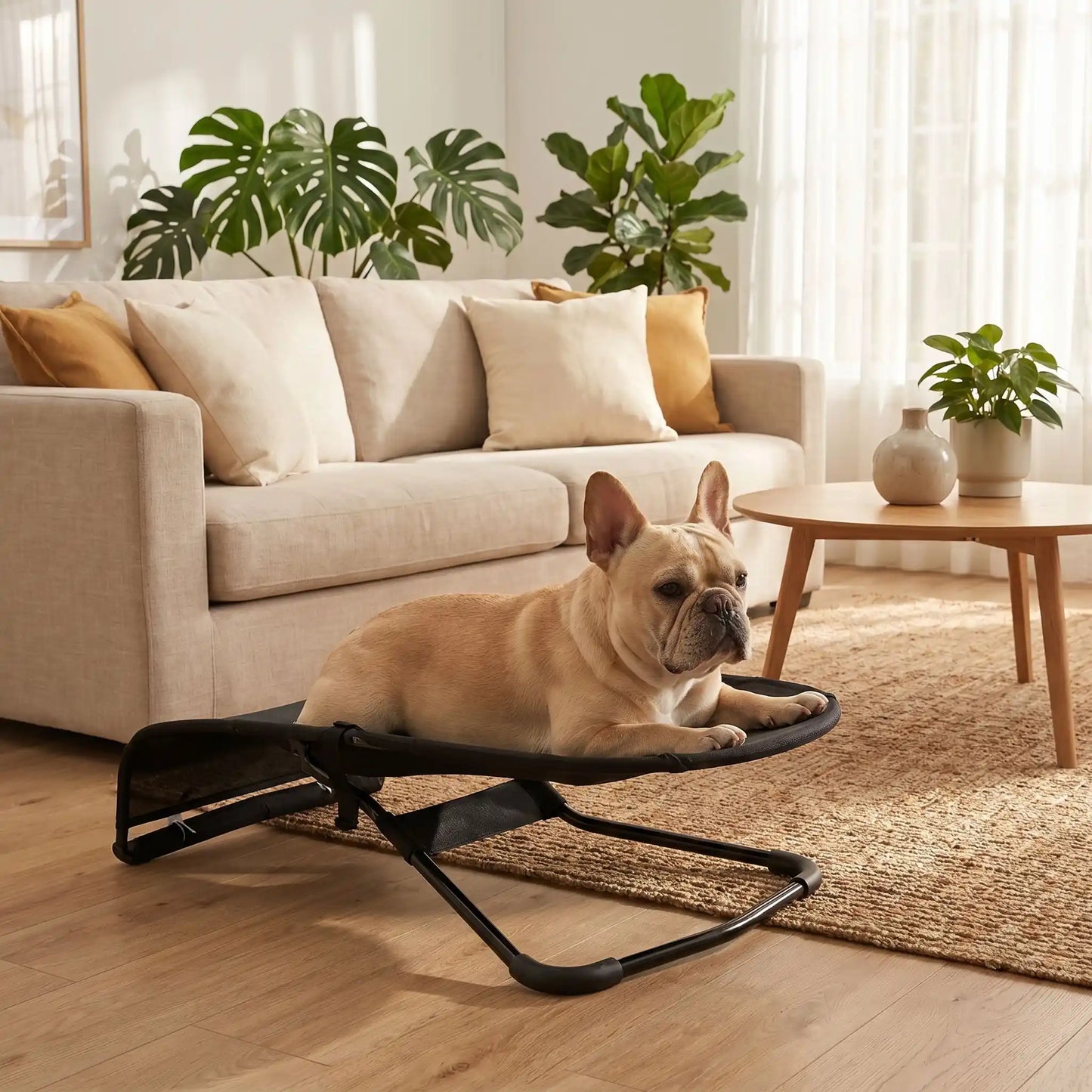 Chaise-a-bascule-pour-chien-anti-anxiété et anti-stress, pour petit  chien de 0 à 14 kilos max, structure en acier solide, housse en polyester respirant et lavable en machine, hamac avec harnais de sécurité et sangle à clips robuste, 3 poisitions de réglages pour bercer et apaiser le chiot ou le chien ou en mode lit-pliable, compact et léger qui apaise les chiot et chien anxieux ou trop energique-un chien de taille moyenne couché confortablement sur sa chaise à  ergonomique sur le réglage mode lit surélevé