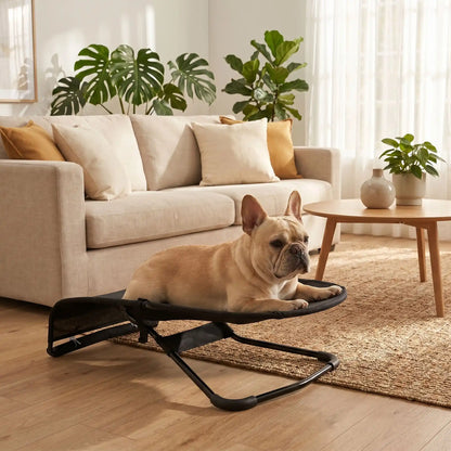 Chaise-a-bascule-pour-chien-anti-anxiété et anti-stress, pour petit  chien de 0 à 14 kilos max, structure en acier solide, housse en polyester respirant et lavable en machine, hamac avec harnais de sécurité et sangle à clips robuste, 3 poisitions de réglages pour bercer et apaiser le chiot ou le chien ou en mode lit-pliable, compact et léger qui apaise les chiot et chien anxieux ou trop energique-un chien de taille moyenne couché confortablement sur sa chaise à  ergonomique sur le réglage mode lit surélevé