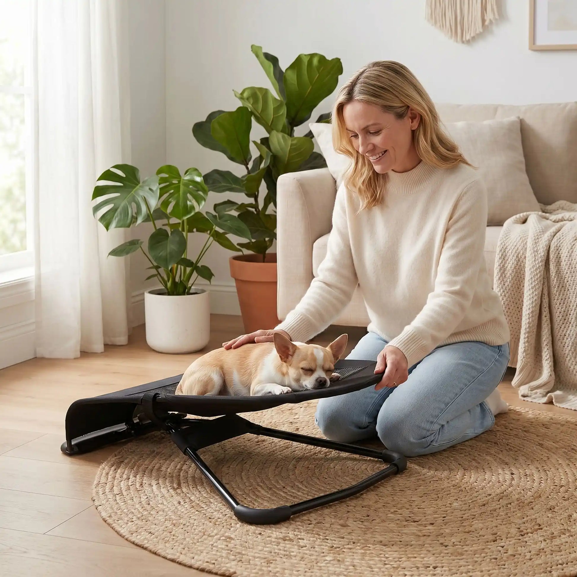 Chaise-a-bascule-pour-chien-anti-anxiété et anti-stress, pour petit  chien de 0 à 14 kilos max, structure en acier solide, housse en polyester respirant et lavable en machine, hamac avec harnais de sécurité et sangle à clips robuste, 3 poisitions de réglages pour bercer et apaiser le chiot ou le chien ou en mode lit-pliable, compact et léger qui apaise les chiot et chien anxieux ou trop energique-un chien nain caresser sur son hamac à bascule pendant que sa maitresse qui le berce doucement pour l'apaiser 