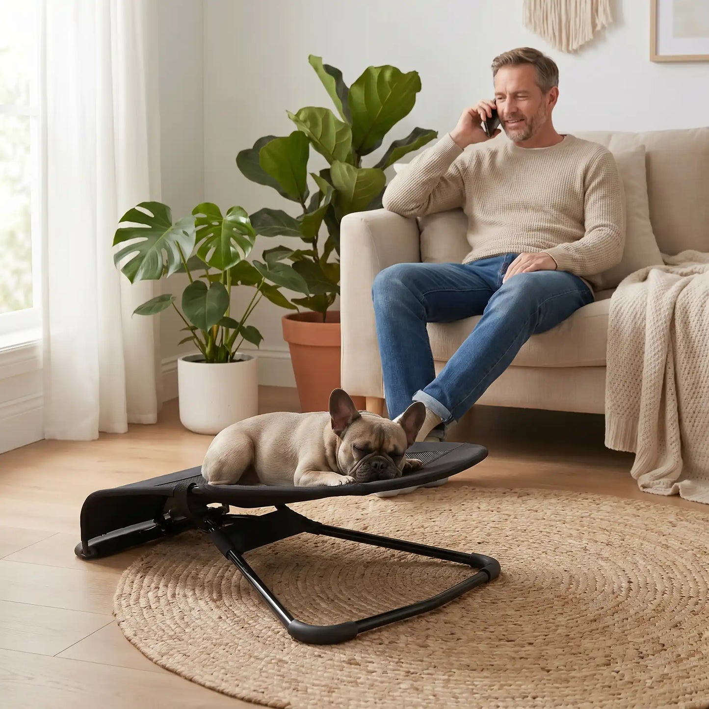 Chaise-a-bascule-pour-chien-anti-anxiété et anti-stress, pour petit  chien de 0 à 14 kilos max, structure en acier solide, housse en polyester respirant et lavable en machine, hamac avec harnais de sécurité et sangle à clips robuste, 3 poisitions de réglages pour bercer et apaiser le chiot ou le chien ou en mode lit-pliable, compact et léger qui apaise les chiot et chien anxieux ou trop energique-un petit chien qui dort paisiblement sur sa chaise à bascule à côté de son maitre qui est au téléphone 