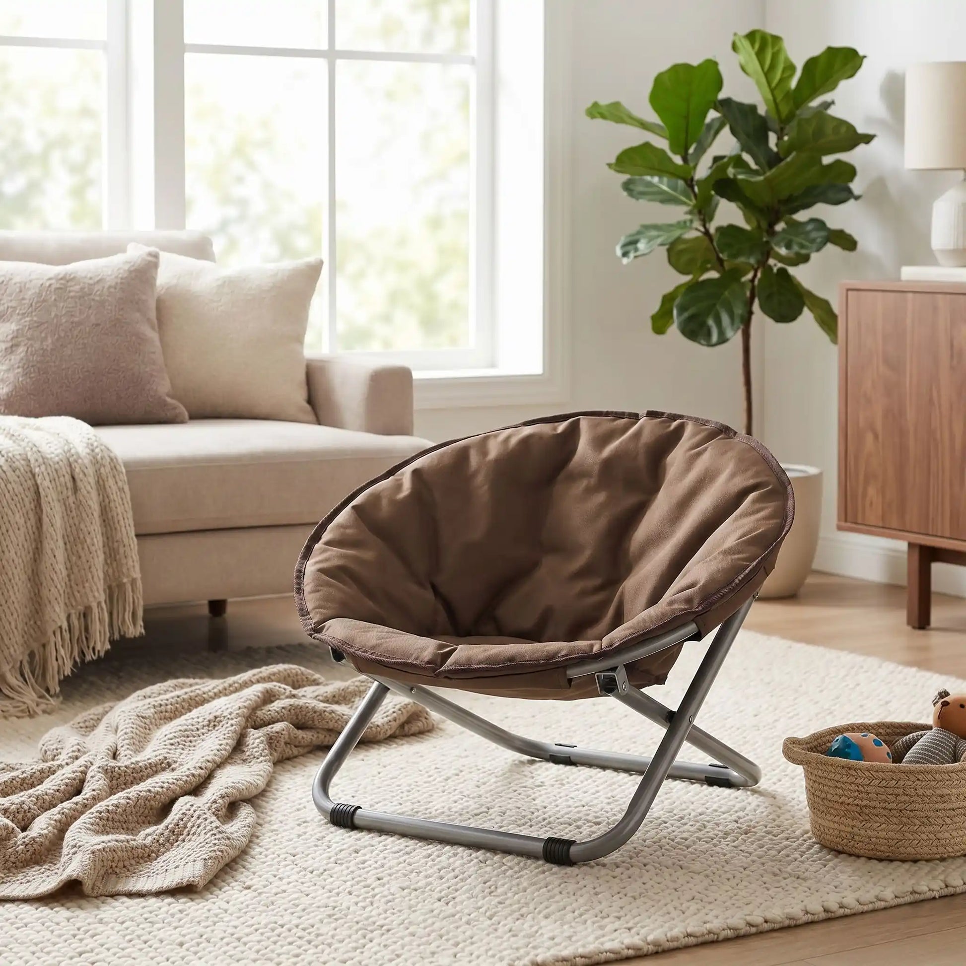 Chaise-pour-chien-chiot déhoussable et lavable, imperméable, structure design en acier robuste arrondie comme un cocon entourant avec deux hauteurs adaptables, pliable avec sa housse en nylon résistant aux griffes pour chiot et chien de 0 à 7 kilos-gros plan sur la chaise de couleur marron pour petit chien avec pliage en croix dans le salon de la maison
